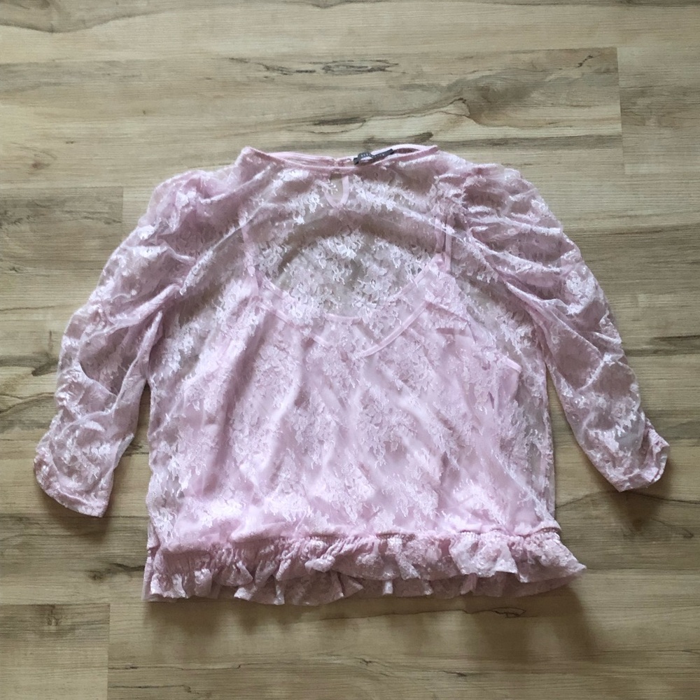 Suzy Shier Sheer Pink Lace Blouse